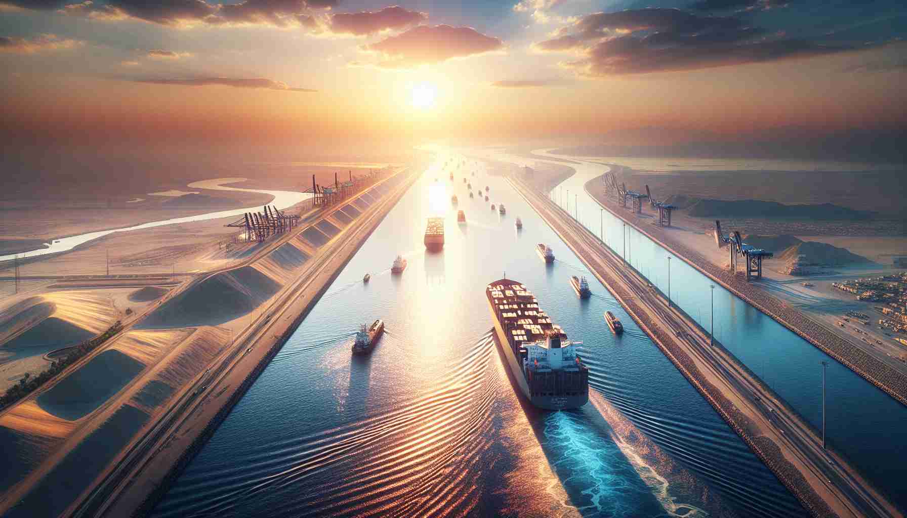 Generate a HD quality image, realistic in style, capturing the awe-inspiring essence of the Suez Canal. It should showcase a broad view of the canal, emphasizing its great length and width. There should be large cargo ships moving along the canal, beautiful reflections shimmering on the water surface, and may feature a serene sunset in the background. The scene should tell a story of a monumental feat of engineering that acts as a bridge between continents.