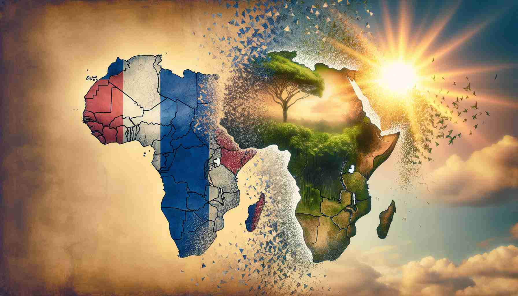 Visualize a high-resolution image that showcases the symbolic transition of France's ambitions in Africa diminishing and a new stage beginning. The image could show an old map of Africa representing the past ambitions, slowly fading or crumbling away, while a new, vibrant image indicative of a fresh era begins to emerge, perhaps shown through a rising sun or flourishing vegetation.