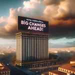 High definition, realistic image of the 'Hotel Puerta de África' standing tall in the cityscape. A large billboard on top of the building portrays the text 'Big Changes Ahead!' to signify pivotal transformations in the hotel's future. The sky is filled with dramatic clouds, indicating an approaching storm, adding a sense of urgency and tension to the scene.