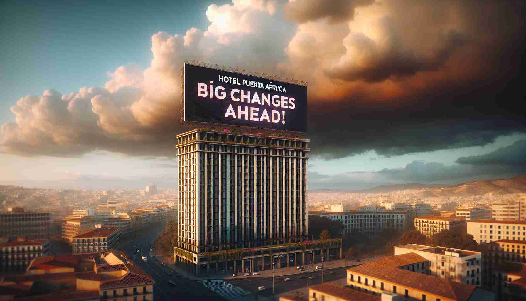 High definition, realistic image of the 'Hotel Puerta de África' standing tall in the cityscape. A large billboard on top of the building portrays the text 'Big Changes Ahead!' to signify pivotal transformations in the hotel's future. The sky is filled with dramatic clouds, indicating an approaching storm, adding a sense of urgency and tension to the scene.