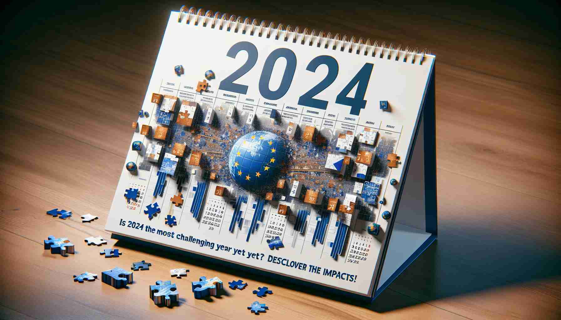 Realistic high definition image of a 2024 calendar page turned over to show a montage of symbolic imagery like puzzles, bar graphs, and globes to represent the potential challenges faced by the European Union. The title 'Is 2024 the Most Challenging Year Yet for the EU? Discover the Impacts!' is prominently displayed.