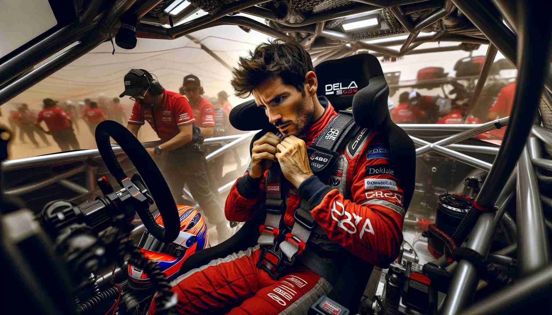 An ultra high-definition image of a professional rally driver, of Hispanic descent and sporting a red racing suit, as he prepares for a major desert rally event in 2025. The driver is fastening his helmet, his face intense with concentration, inside a cockpit crammed with high-tech equipment. The surrounding environment is a maelstrom of dust and activity, filled with team crew members busily working on the race vehicle, a testament to the frenzied preparation before the start of the race.