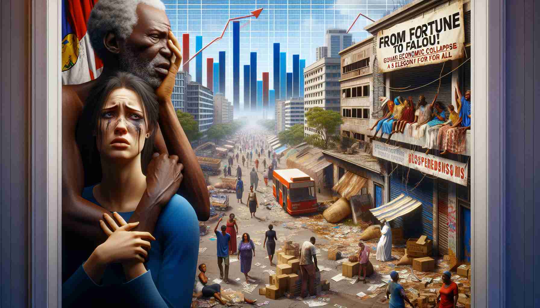 A realistic, high-definition image displaying the economic collapse of a country, symbolized with distressed imagery. In the foreground, there could be citizens of different descents - like a Caucasian woman and a Black man, showing their despair or hardship owing to the economic situation. In the background, symbolic elements like declining graph lines, closed businesses, or abandoned public infrastructure. Include a sign/poster with the bold headline: 'From Fortune to Fallout! Guinea Ecuatorial’s Economic Collapse is a Lesson for All'. No specific individuals or figure should be recognizable, only general representations of the populace and situation.