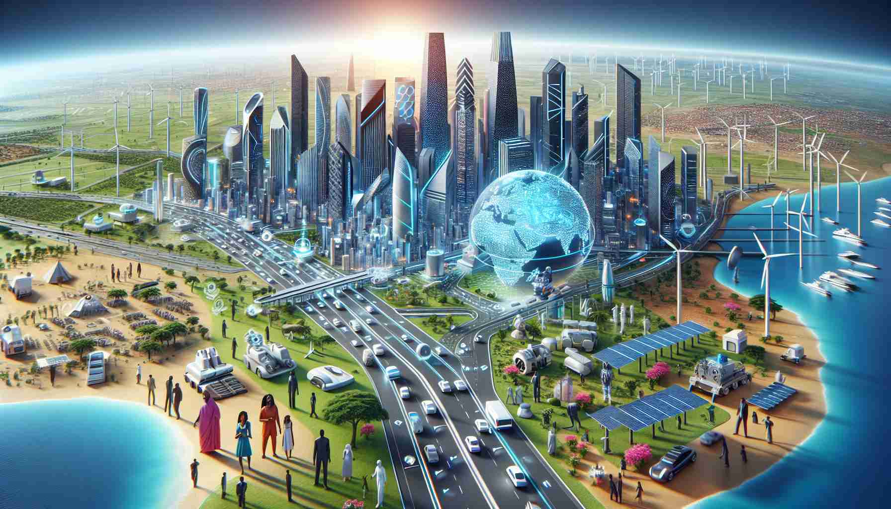 A futuristic vision of Africa in 2025 visualised in high definition. Showcase significant advancements in various sectors. A bustling metropolis with sleek skyscrapers, innovative technology, and green spaces reflects the growth in urban development. Wide roads are filled with autonomous vehicles indicating advancement in transportation. Solar panels and wind turbines dotting the landscape demonstrate commitment to sustainable energy. In the foreground, diverse individuals of varying descents such as Caucasian, Hispanic, Black, Middle-Eastern and South Asian are engaged in various activities symbolising the continent's multiculturalism and social progress.