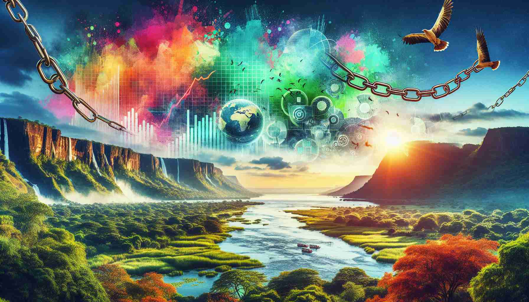A detailed, high-definition image representing the concept of debt relief bringing hope for Zambia. The scenery would ideally depict a peaceful dawn of a new year, maybe with the first rays of the morning sun gently falling on a wide expanse of the Zambezi River or the Victoria falls, symbolizing a fresh start. Vibrant colors splashed across the sky, verdant green surroundings, and maybe a flock of birds moving across the sky, indicating prosperity and progress. Include symbols of economy such as charts and graphs improving, or chains breaking to represent freedom from debt
