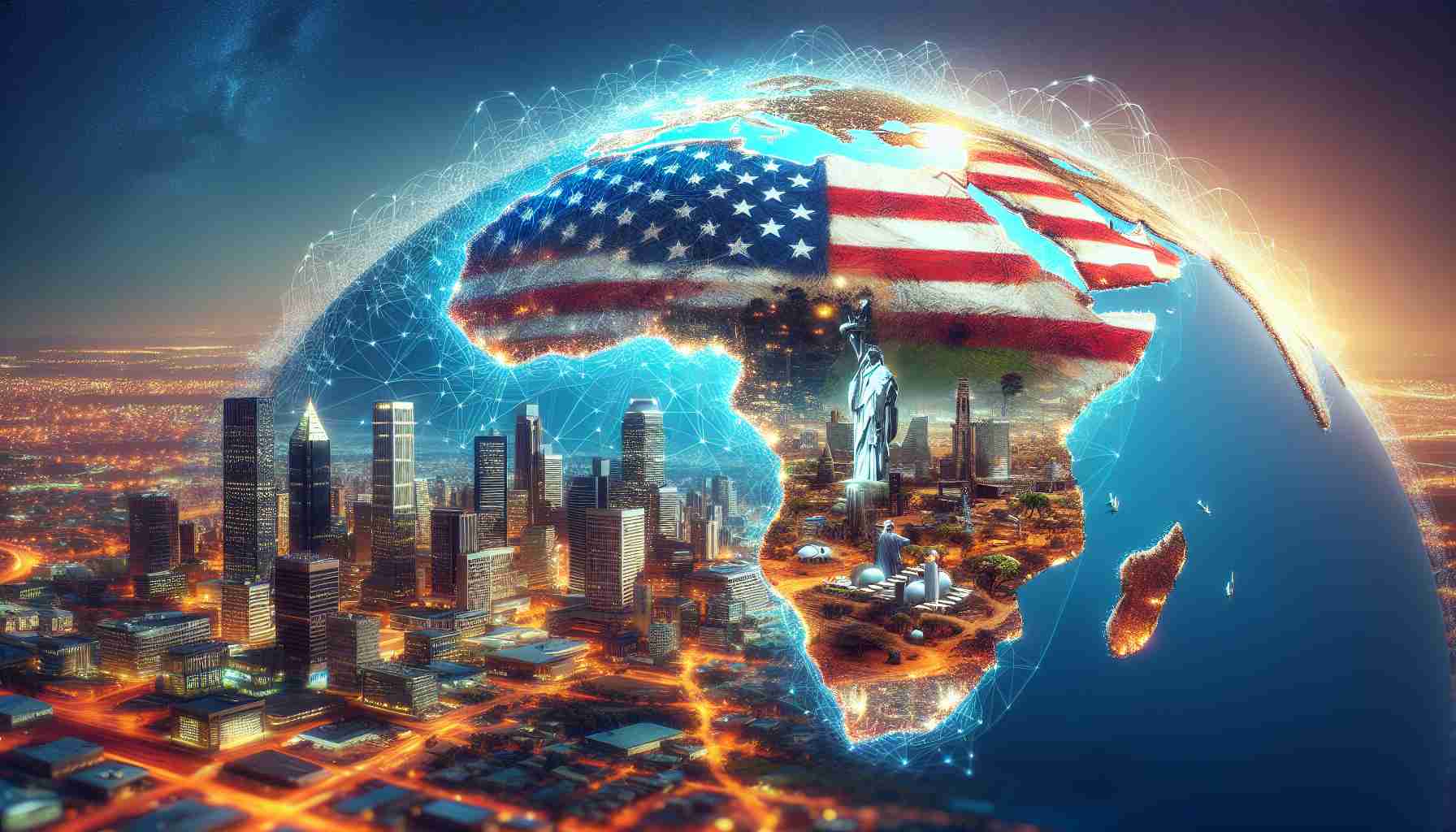 Create a realistic, high-definition image representing the increasing influence of Africa on a global scale. This should convey the idea that there is a need for knowledge and understanding about this in the United States. The image can portray significant African landmarks, symbols of economic growth such as bustling cityscapes, infrastructural development, and educational institutions, combined with elements symbolizing the U.S., like the outline of the country or the American flag.