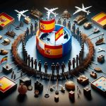 Produce a realistic HD image representing the cooperation between Spain and Africa in the aspect of migration strategy. Visualize a symbolic centerpiece that represents migration, surrounded by symbols of unity, partnership, and strategy. Incorporate Spain's and Africa's flags to indicate the nations involved.