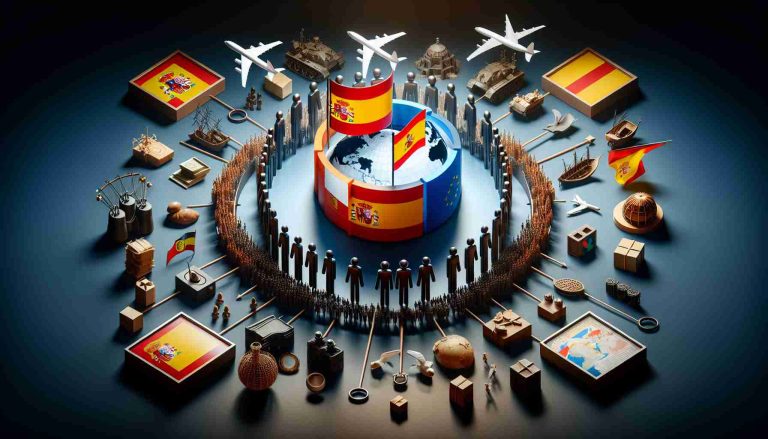 Produce a realistic HD image representing the cooperation between Spain and Africa in the aspect of migration strategy. Visualize a symbolic centerpiece that represents migration, surrounded by symbols of unity, partnership, and strategy. Incorporate Spain's and Africa's flags to indicate the nations involved.
