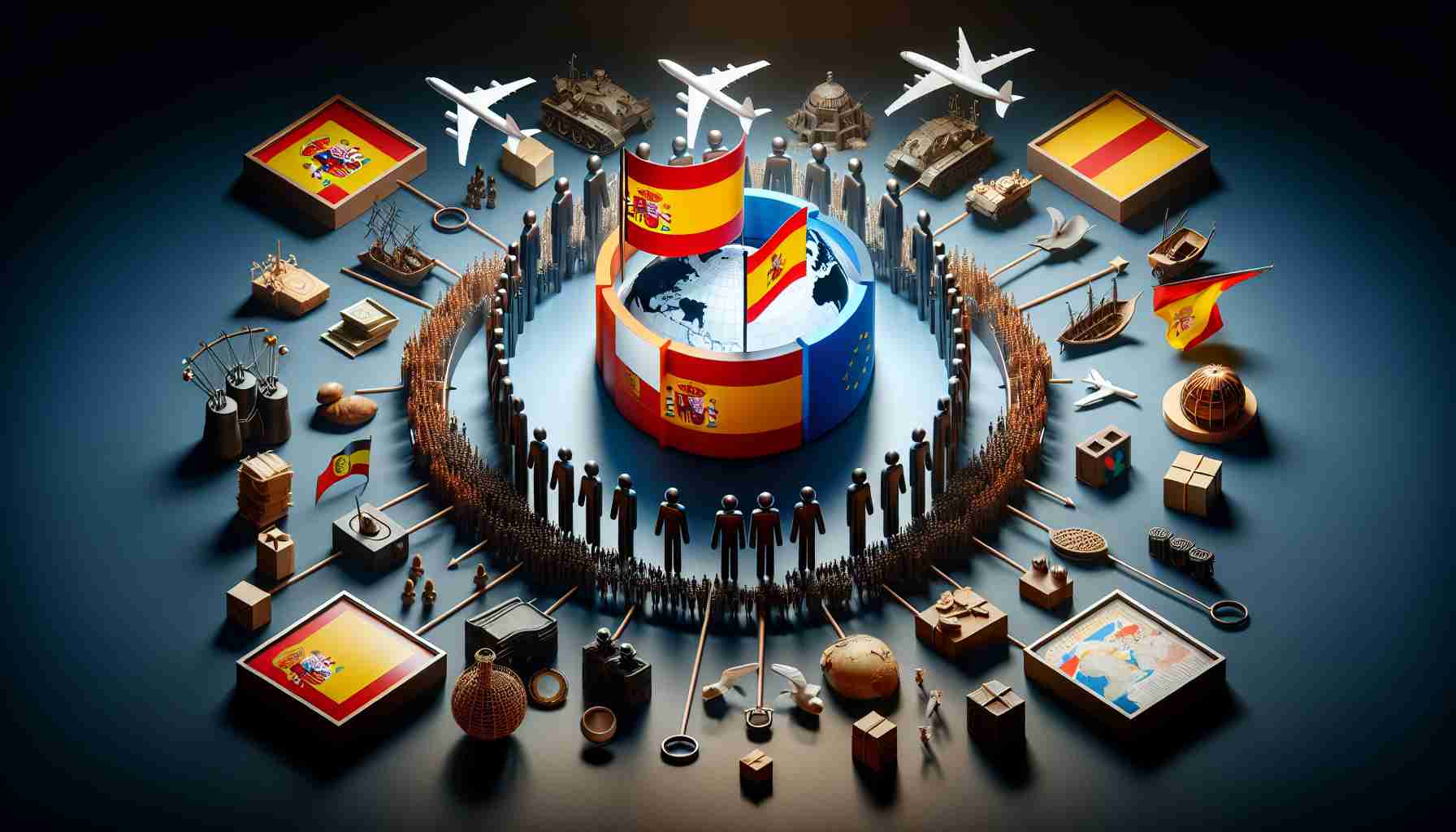 Produce a realistic HD image representing the cooperation between Spain and Africa in the aspect of migration strategy. Visualize a symbolic centerpiece that represents migration, surrounded by symbols of unity, partnership, and strategy. Incorporate Spain's and Africa's flags to indicate the nations involved.