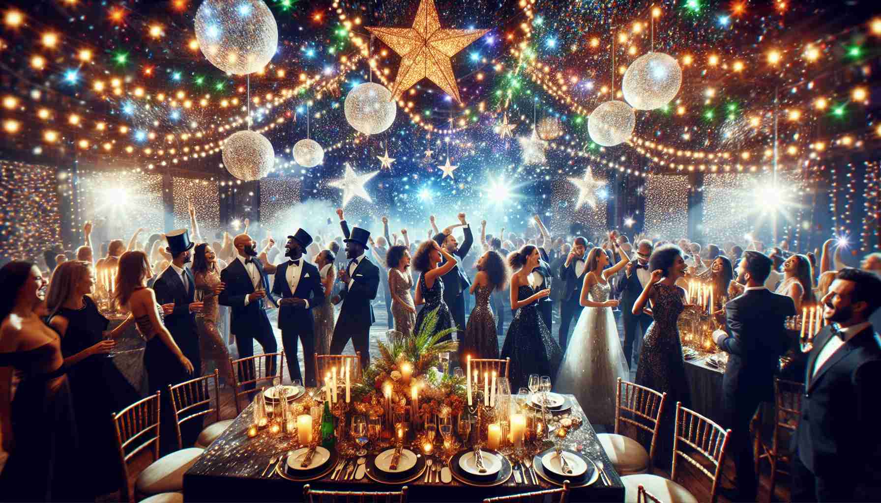 Produce a high-definition, real-life image of a star-studded New Year's Eve celebration. The setting should be indoors, featuring lively party-goers of differing genders and descent, such as Caucasian, Hispanic, Black, Middle Eastern and South Asian. In this vibrant event, there should be decorations, like glimmers of multi-colored lights, glittering stars hanging from the ceiling, and a grandeur dining table set for this special occasion. The atmosphere should be overflowing with fun, joy and camaraderie, capturing the essence of the magical moment as one year transitions into another.