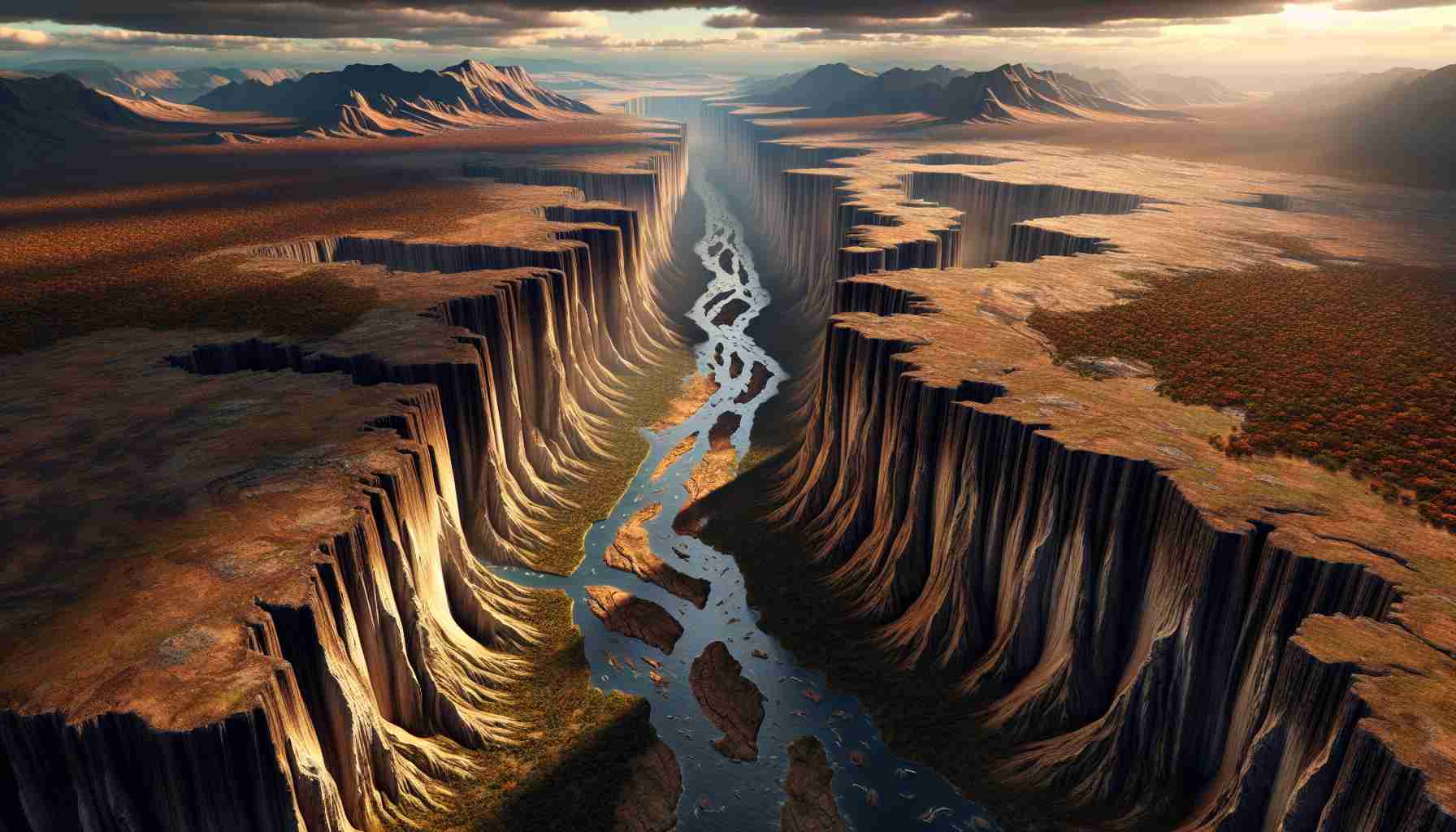 Generate a realistic high-definition photo representation of an extraordinary geological phenomenon speculated to possibly be the origin of a new ocean in Africa. The scene depicts a massive continental rift showing signs of tectonic activities, with dramatic landforms such as cliffs, ravines, canyons, and the beginning traces of water accumulating. Surrounding the rift, the diverse African landscapes can be visible, featuring savannas, forests, and distant mountains.