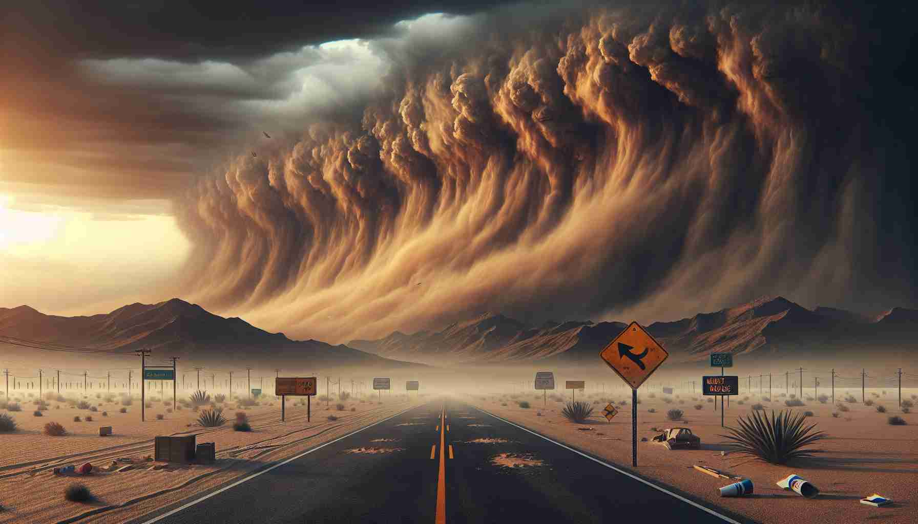 Create a high definition, realistic image depicting a cautionary scene about an upcoming dust storm. The scene should include a desert landscape with a looming, ominous wall of dust in the distance. The sky must be tinged with a menacing hue of orange and brown, illustrating the imminent danger. In the foreground, signs and symbols - perhaps road signs and a billboard - are posted to alert people of the impending storm. No people are in sight but evidences of hurried evacuation - discarded items or slightly open doors perhaps - can be shown.