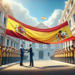 A highly detailed, realistic scene that captures a symbolic gesture of Spain improving its diplomatic relations with Ghana. Imagine this scene as the unfurling of the Spanish and Ghanaian flags side by side under a clear blue sky, with the respective ambassadors standing beneath, smiling and shaking hands. Please include the ornate architecture of a historical Spanish embassy building in the background and the vibrant colors of the traditional Ghanaian Kente cloth adorning the scene.