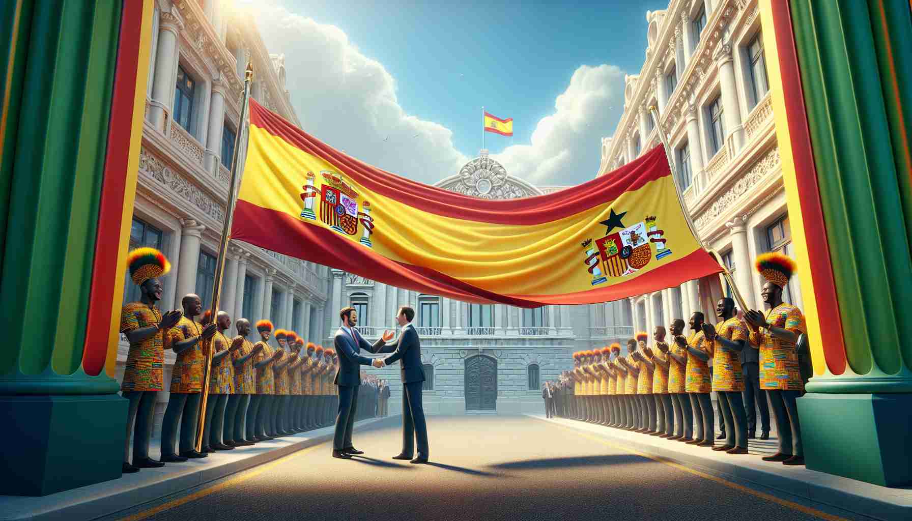 A highly detailed, realistic scene that captures a symbolic gesture of Spain improving its diplomatic relations with Ghana. Imagine this scene as the unfurling of the Spanish and Ghanaian flags side by side under a clear blue sky, with the respective ambassadors standing beneath, smiling and shaking hands. Please include the ornate architecture of a historical Spanish embassy building in the background and the vibrant colors of the traditional Ghanaian Kente cloth adorning the scene.