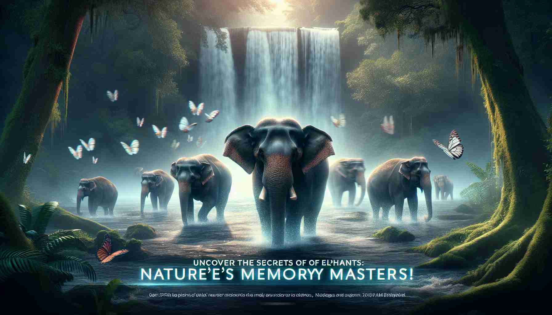 Generate a hyper-realistic, high-definition image showcasing an enchanting scene of elephants in their natural habitat, implying that they are the masters of memory in the animal kingdom. An elderly elephant should be in the foreground demonstrating the leadership, while the younger ones are observing. The environment should radiate serenity, think waterfall, dense jungle, butterflies fluttering, etc. to reflect the majesty of nature undiscovered. Add a subdued, holographic text overlay that reads 'Uncover the Secrets of Elephants: Nature’s Memory Masters!'