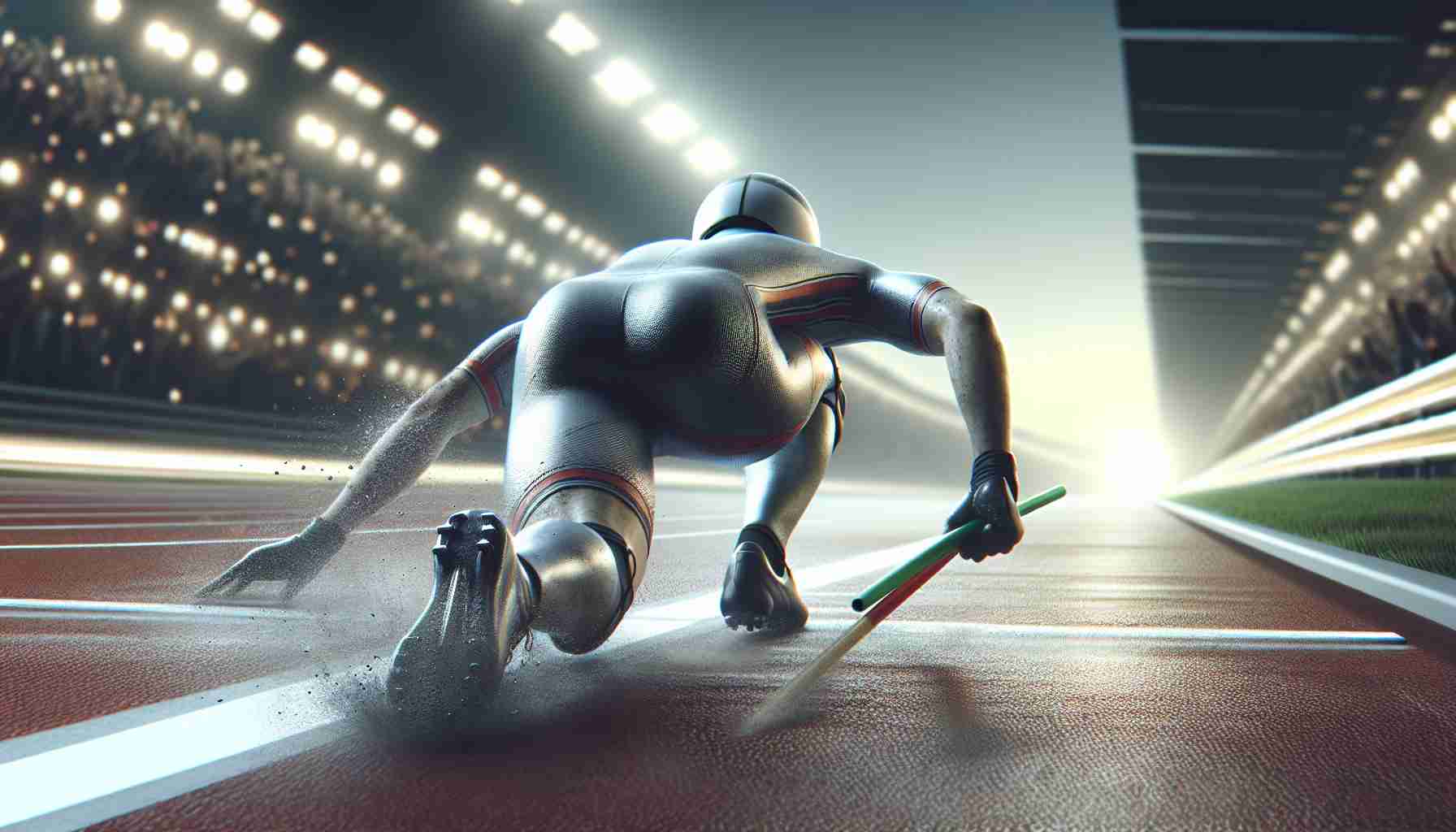 A high-definition, realistic and dynamic image of a thrilling race. The focus should be on a heart-stopping moment just before the finish line. A racer (preferably depicted from the back) is struggling to maintain the lead, conveying a sense of determination mixed with exhaustion. The scene should transmit the passion and adrenaline of sport competitions without featuring any specific real person.