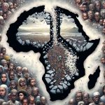 A thought-provoking and detailed illustration showing the concept of peacekeeping in Africa. The image depicts a large peace symbol crumbling to pieces in the center of the African continent. The atmosphere appears tense and uncertain, projecting the endangered state of peace. Nearby, we see the faces of common African people ranging in age, from children to the elderly, all with mixed expressions of shock, disbelief and hope. They represent a wide range of African descents, such as North African, Sub-Saharan African, and South African, encompassing the diversity of the continent. The overall mood is solemn, with an undercurrent of resilience, hinting at the shocking truth yet also the determination of the people to overcome adversity.