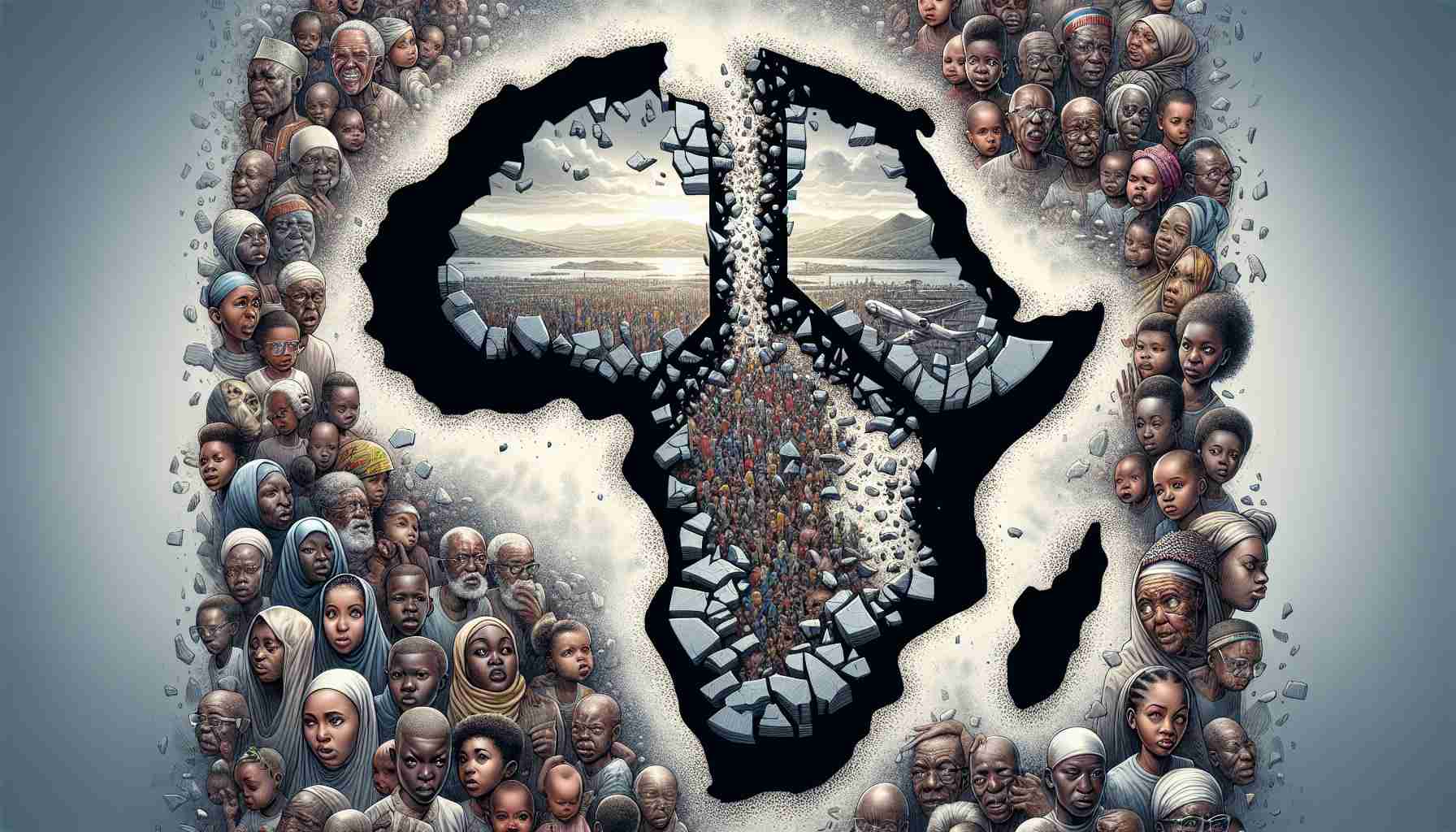 A thought-provoking and detailed illustration showing the concept of peacekeeping in Africa. The image depicts a large peace symbol crumbling to pieces in the center of the African continent. The atmosphere appears tense and uncertain, projecting the endangered state of peace. Nearby, we see the faces of common African people ranging in age, from children to the elderly, all with mixed expressions of shock, disbelief and hope. They represent a wide range of African descents, such as North African, Sub-Saharan African, and South African, encompassing the diversity of the continent. The overall mood is solemn, with an undercurrent of resilience, hinting at the shocking truth yet also the determination of the people to overcome adversity.