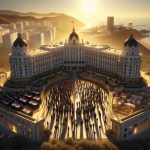 A high-resolution, realistic image showing the iconic hotel in Ceuta, standing majestically in the landscape. Its grand architecture and elaborate detailing shining under the golden sun. The hotel is at the core of a swirling debate, visualized by a dichotomy in the scene. On one side, a group of people engaged in a heated discussion, representing public management, and on the other side, a group of individuals in formal attire, signifying private management. They are in the throes of a fervent debate about the future of the hotel.