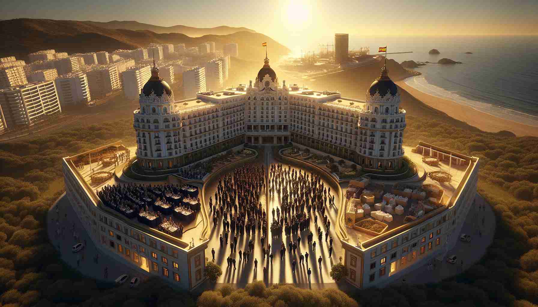 A high-resolution, realistic image showing the iconic hotel in Ceuta, standing majestically in the landscape. Its grand architecture and elaborate detailing shining under the golden sun. The hotel is at the core of a swirling debate, visualized by a dichotomy in the scene. On one side, a group of people engaged in a heated discussion, representing public management, and on the other side, a group of individuals in formal attire, signifying private management. They are in the throes of a fervent debate about the future of the hotel.