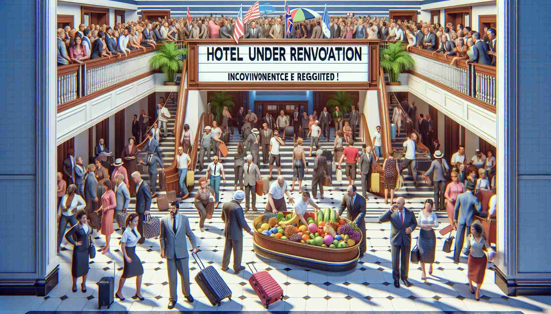 Generate a realistic high-definition image of a bustling hotel lobby with diverse crowd of guests including Caucasian and Black men and women. The scene should be full of action with managers visibly stressed, employees hurrying around to assist guests, and a large banner displaying 'Hotel Under Renovation, Inconvenience Regretted!'. Please also include an image of a bellhop struggling with excess luggage in the foreground, signifying implications to guests' vacations.