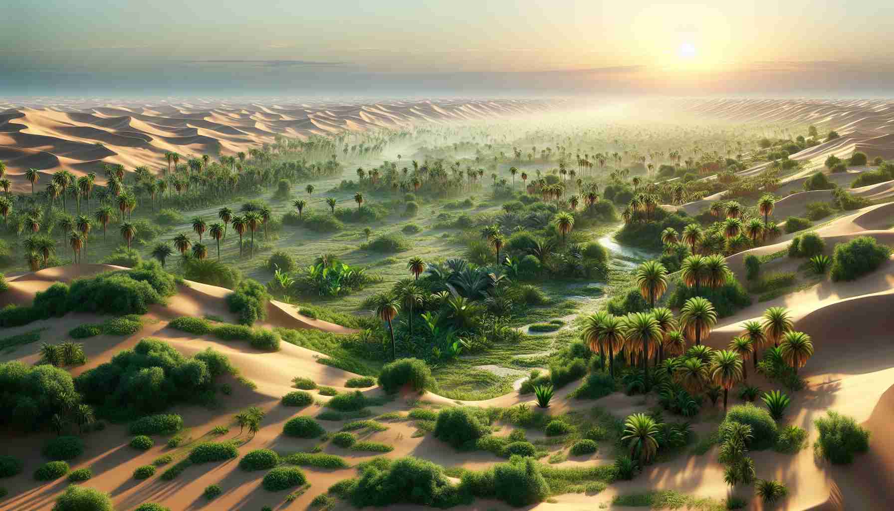 A high definition, realistic image visualizing a potential future where the Sahara Desert blooms again. The scene includes vast stretches of lush, green vegetation where the arid sand dunes once stood. Among the greenery, there are glimpses of the desert's hidden green past: evidence of past oasis and ancient vegetation. The setting could be at sunset, adding an element of enchanting glow to the greening desert.