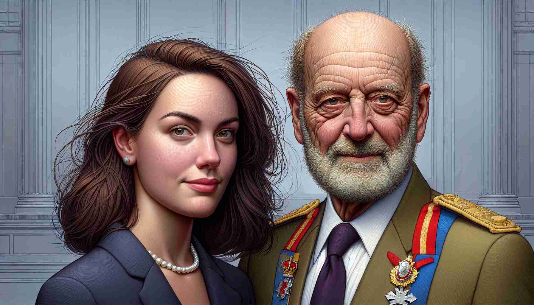 High-definition, realistic photo interpretation of a year filled with trials and triumphs for a respected public male figure and his female partner. She has brown hair and he is balding. Together, they exemplify royal resilience.