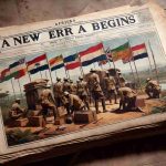 Create an image that signifies a new era in West Africa, represented symbolically. Include an image of French Soldiers, of diverse descents and genders, packing their gear and preparing to exit a camp set up in the wilderness. The environment around the camp should be representative of the West African landscape, such as the savannah with scattered trees, distant hills, and a river nearby. As they leave, show different national symbols from African countries fluttering in the cool breeze, signifying the shifting alliances in the region. The text 'A New Era Begins' is seen as the headline of a local newspaper lying on a bench at the camp.
