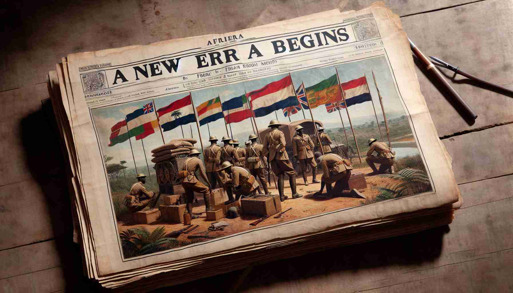 Create an image that signifies a new era in West Africa, represented symbolically. Include an image of French Soldiers, of diverse descents and genders, packing their gear and preparing to exit a camp set up in the wilderness. The environment around the camp should be representative of the West African landscape, such as the savannah with scattered trees, distant hills, and a river nearby. As they leave, show different national symbols from African countries fluttering in the cool breeze, signifying the shifting alliances in the region. The text 'A New Era Begins' is seen as the headline of a local newspaper lying on a bench at the camp.