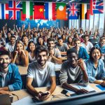 An HD image that portrays the new wave of international students' global education experience. This scene would include a diverse crowd of students from different descents such as Hispanic, Middle-Eastern, Black, South Asian, and White, looking excited and eager to learn. They are in a modern, technology-equipped classroom, engrossed with their studies. Also picture an array of flags from various countries displayed proudly in the room, symbolizing the international atmosphere of their learning community.