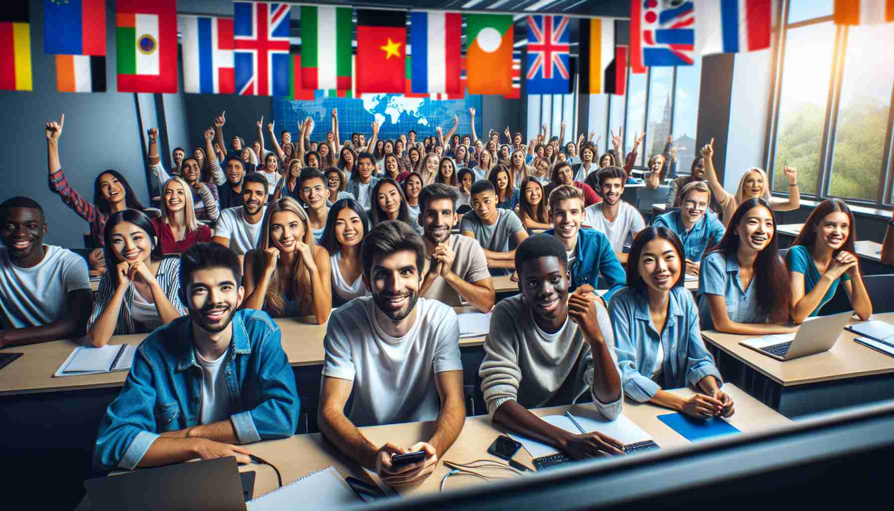 An HD image that portrays the new wave of international students' global education experience. This scene would include a diverse crowd of students from different descents such as Hispanic, Middle-Eastern, Black, South Asian, and White, looking excited and eager to learn. They are in a modern, technology-equipped classroom, engrossed with their studies. Also picture an array of flags from various countries displayed proudly in the room, symbolizing the international atmosphere of their learning community.