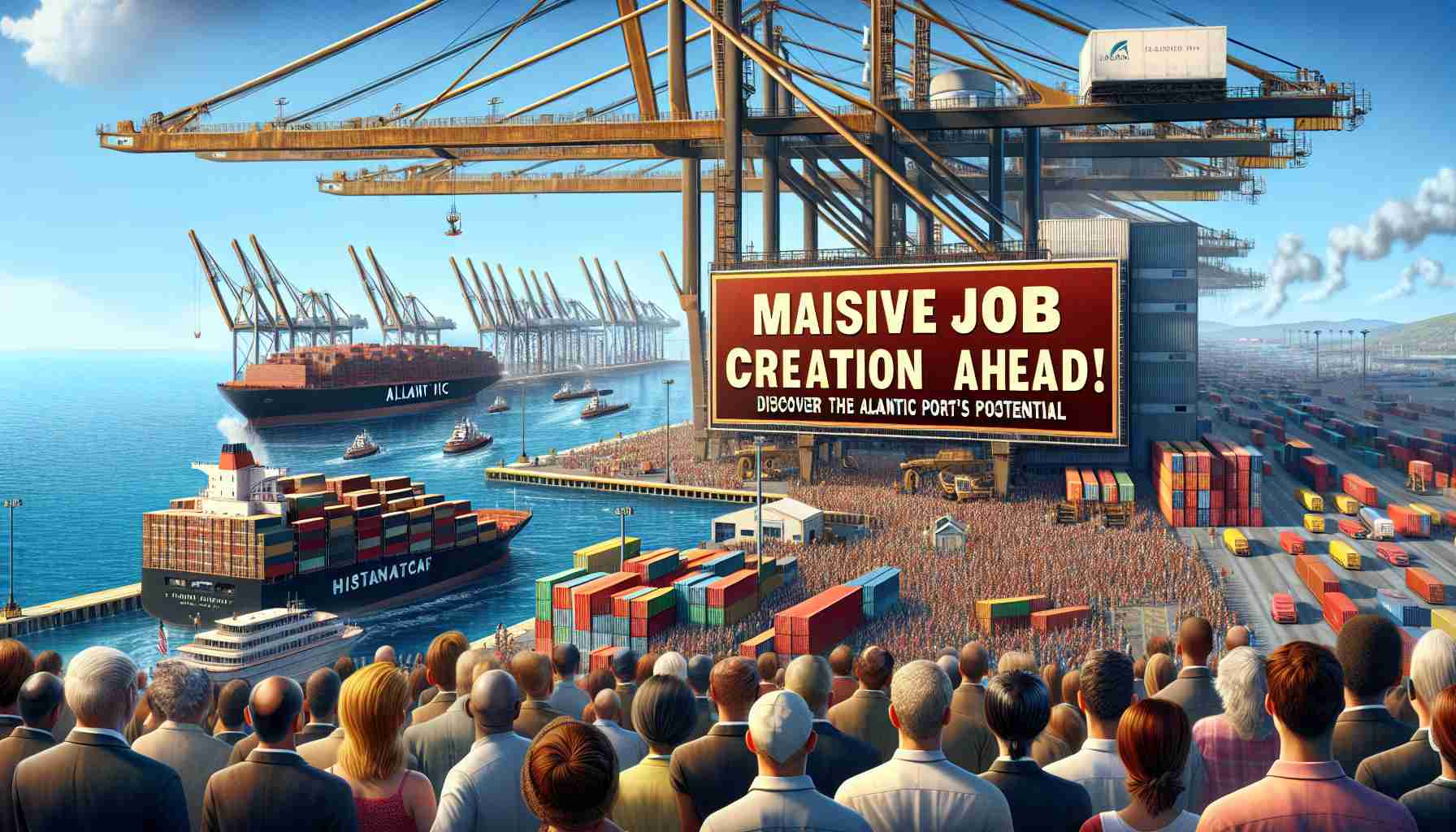 A high-definition realistic image that depicts the anticipation of substantial job creation at an Atlantic port. The scene unfolds with bustling docks, cranes and containers, ships docking with a vast expanse of the ocean in the background. A large sign proudly proclaims 'Massive Job Creation Ahead! Discover the Atlantic Port's Potential.' Excitement is palpable among local onlookers - a diverse group of men and women from varying descents such as Hispanic, Caucasian, and South Asian, looking on with hope and expectation.