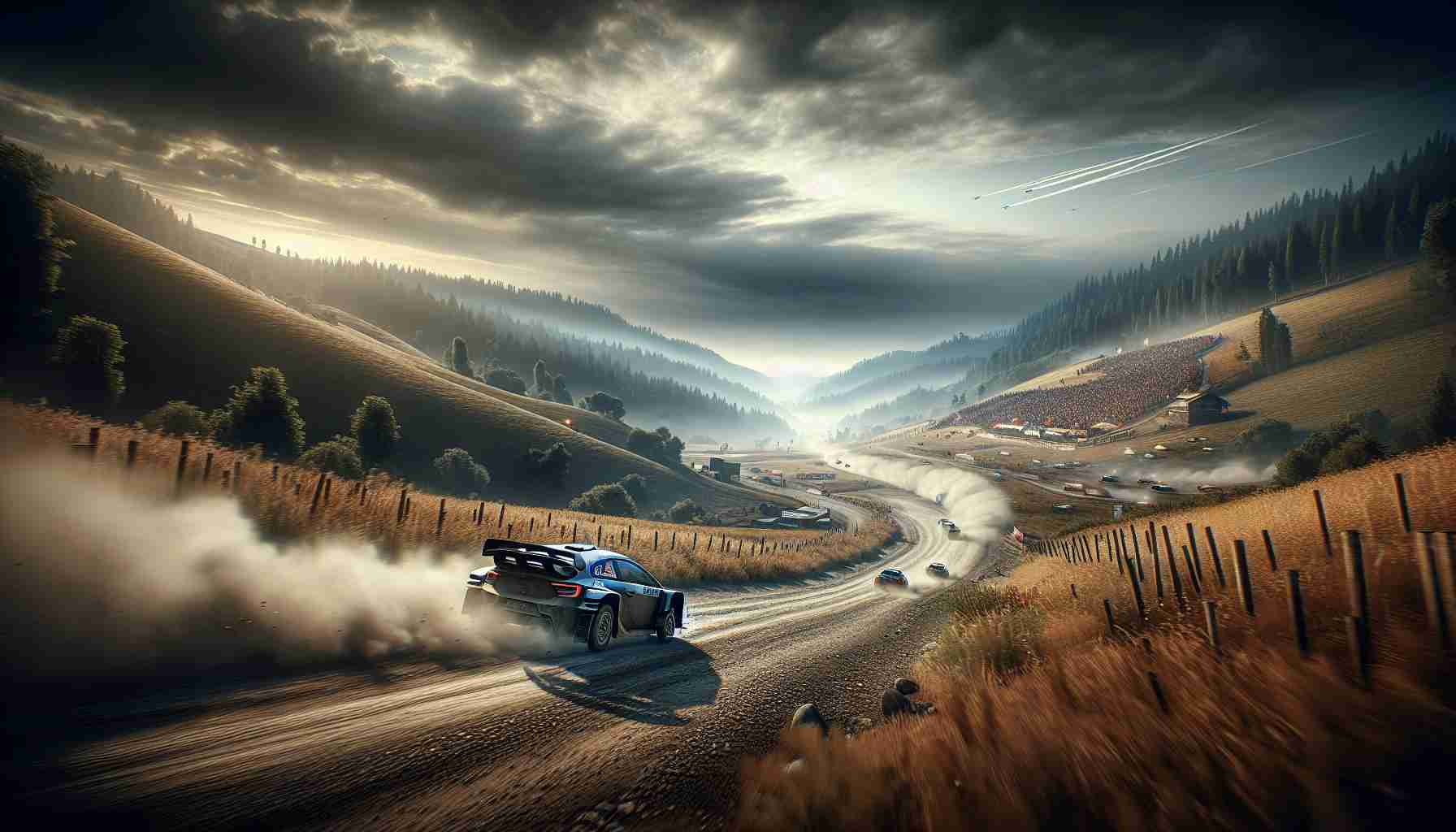 A thrilling high-definition, realistic scene of an intense rally race. The atmosphere is electric with the gravel roads twisting and turning through the majestic countryside. Several high-performance vehicles can be seen battling for the lead. The crowd can be seen in the distance, cheering with excitement. A distant view of the finish line, where anticipation and anxiety are substance of the air.