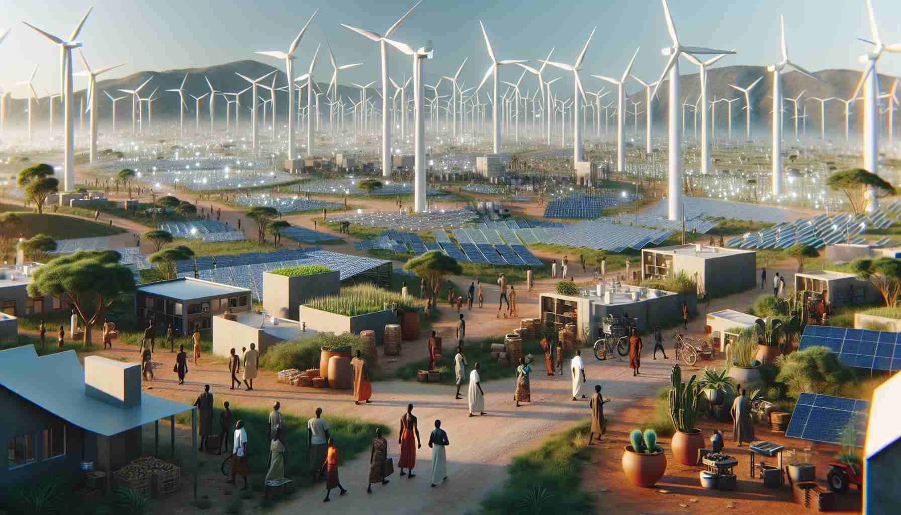 A high definition, realistic portrayal of an imagined future in Africa, influenced by China's renewable energy projects. This new era is full of bustling activity with extensive fields of wind turbines and vast arrays of solar panels, illustrating green energy domination. Eco-friendly buildings dot the landscape, hinting at sustainable urban development. Various African people, of diverse ages and genders, are engaging in this environment, some overseeing the projects, while others are simply enjoying the cleaner, modern environment.