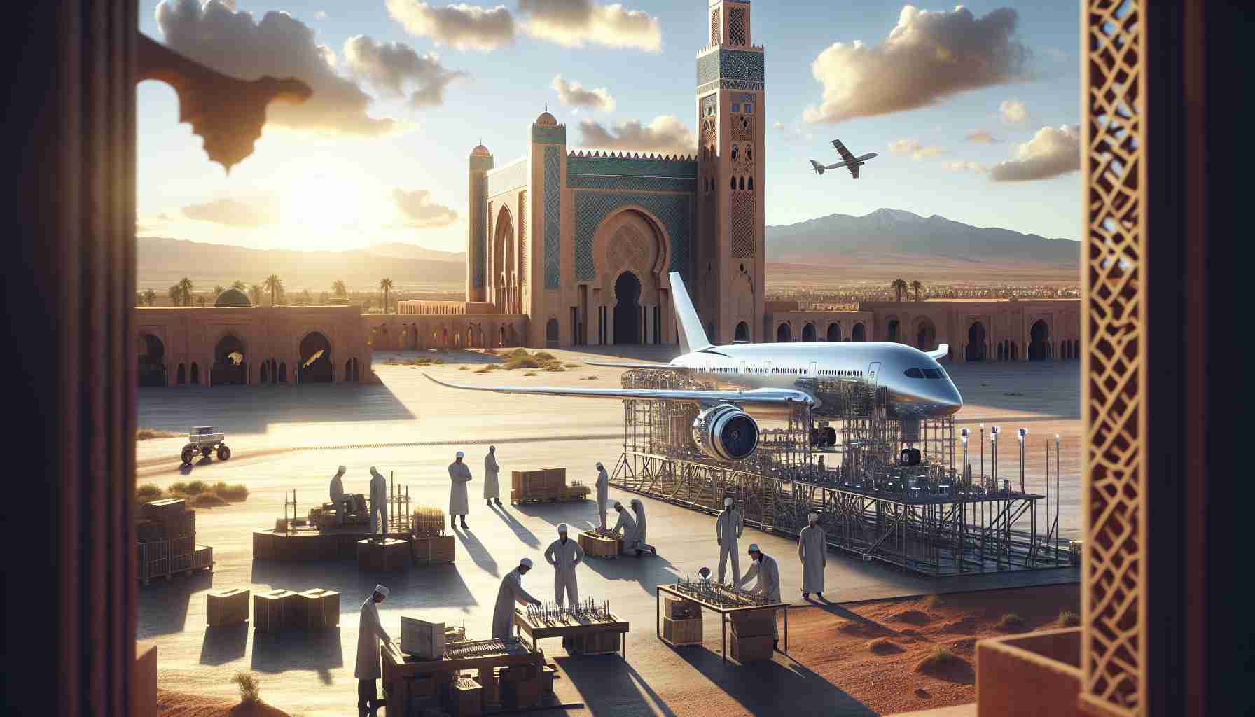 Create a realistic, high-definition image that represents the new frontier in aviation innovation. The setting is Morocco, so include elements that hint at its location, such as the distinct architectural style and natural Moroccan landscapes. Focus on the aerospace ambition, showing a new, technologically advanced airplane, perhaps with innovative features like solar-powered engines or advanced navigation systems. Highlight the sense of progress and ambition, with clear skies ahead and perhaps engineers of Asian and Hispanic descent working on the futuristic aircraft.