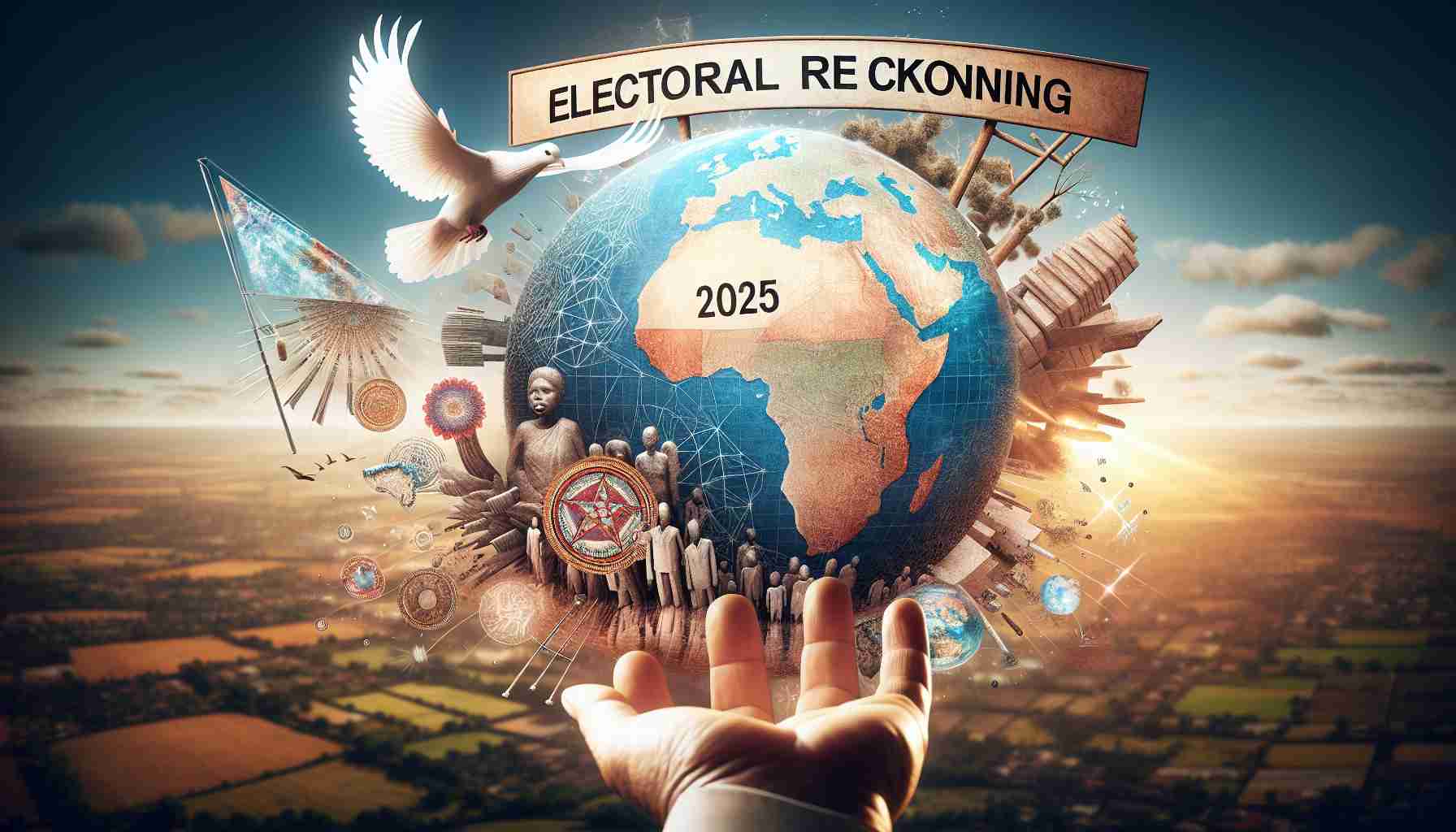 A detailed photo-realistic image of a symbolic representation of Africa in the year 2025. In the foreground, there's an illustrative placard bearing the words 'Electoral Reckoning'. Various elements in the background should represent the hope for stability, perhaps a rising sun or dove of peace. The overall tone should narrate a future where democratic processes are being respected and hope for positive change, symbolizing a potential for stability.
