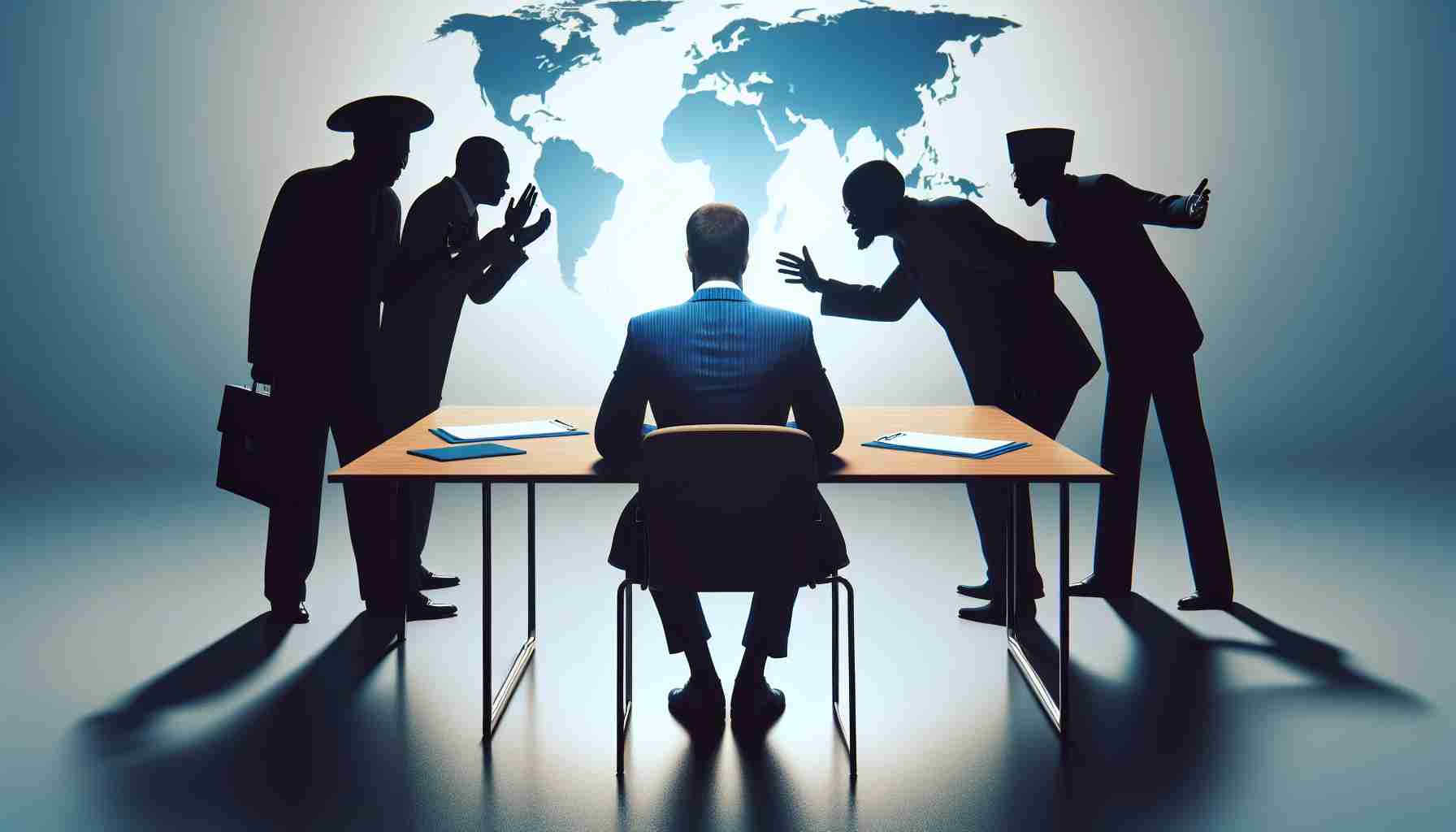 High definition image depicting a hypothetical situation of a politician being accused of overlooking foreign leaders, specifically from the African continent. The image could feature the politician turned away from a table with discussion papers nearby, while silhouettes representing African leaders try to get his attention. The emphasis should be on the apprehensive atmosphere and the sense of distance, without using real-life politicians.