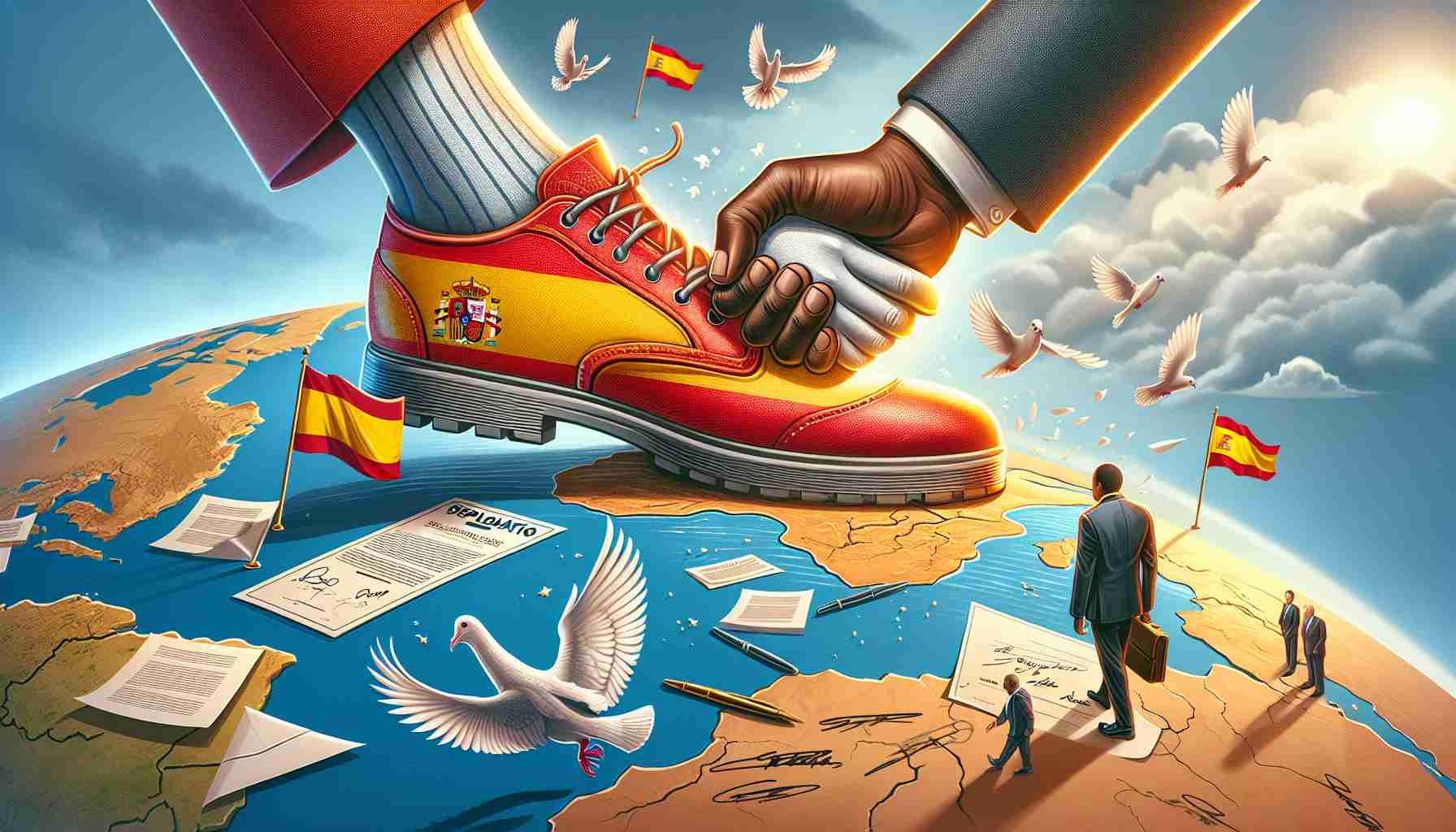 Create a realistic high-definition image representing the concept of exciting diplomatic advancements. Show a large step, metaphorically representing Spain, moving towards an illustrated map of Africa. Incorporating Spanish and African symbols to signify the strong bond and details like signatures on diplomatic documents, shaking hands, and peace doves flying would enhance the image interpretation. Please refrain from displaying any specific politicians.
