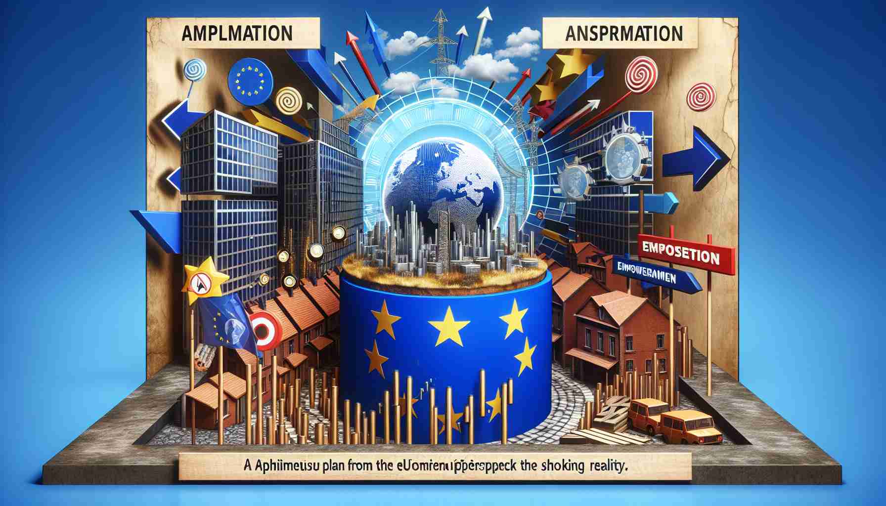 A conceptual representation of an ambitious plan from the European Union aimed for the empowerment of Africa. The image background includes a contrasting perspective, showing the possible shocking reality. The scene includes a balanced blend of optimism and caution, with visual clues suggesting both success and challenges. Feature elements such as symbolic representations of power, progress, aspiration, and realities that may not have been anticipated or might shock the observers.