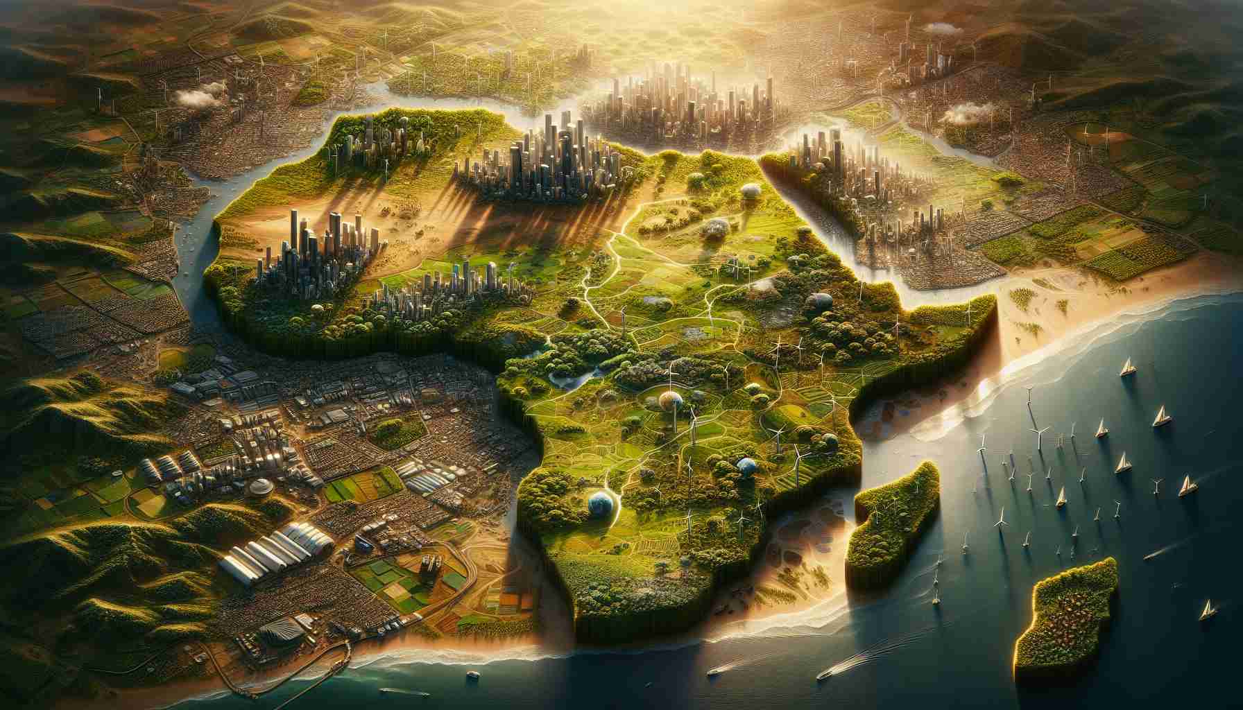 Detailed, high-resolution depiction of the landscape that reveals the future of Africa! It shows lush savannahs, thriving metropolises, sprouting renewable energy sources, expanded infrastructure and novelty technology advancements. It personifies the continent's strength, potential growth, and opportunities while symbolically hiding certain aspects depicting truth that must be discovered by observation.