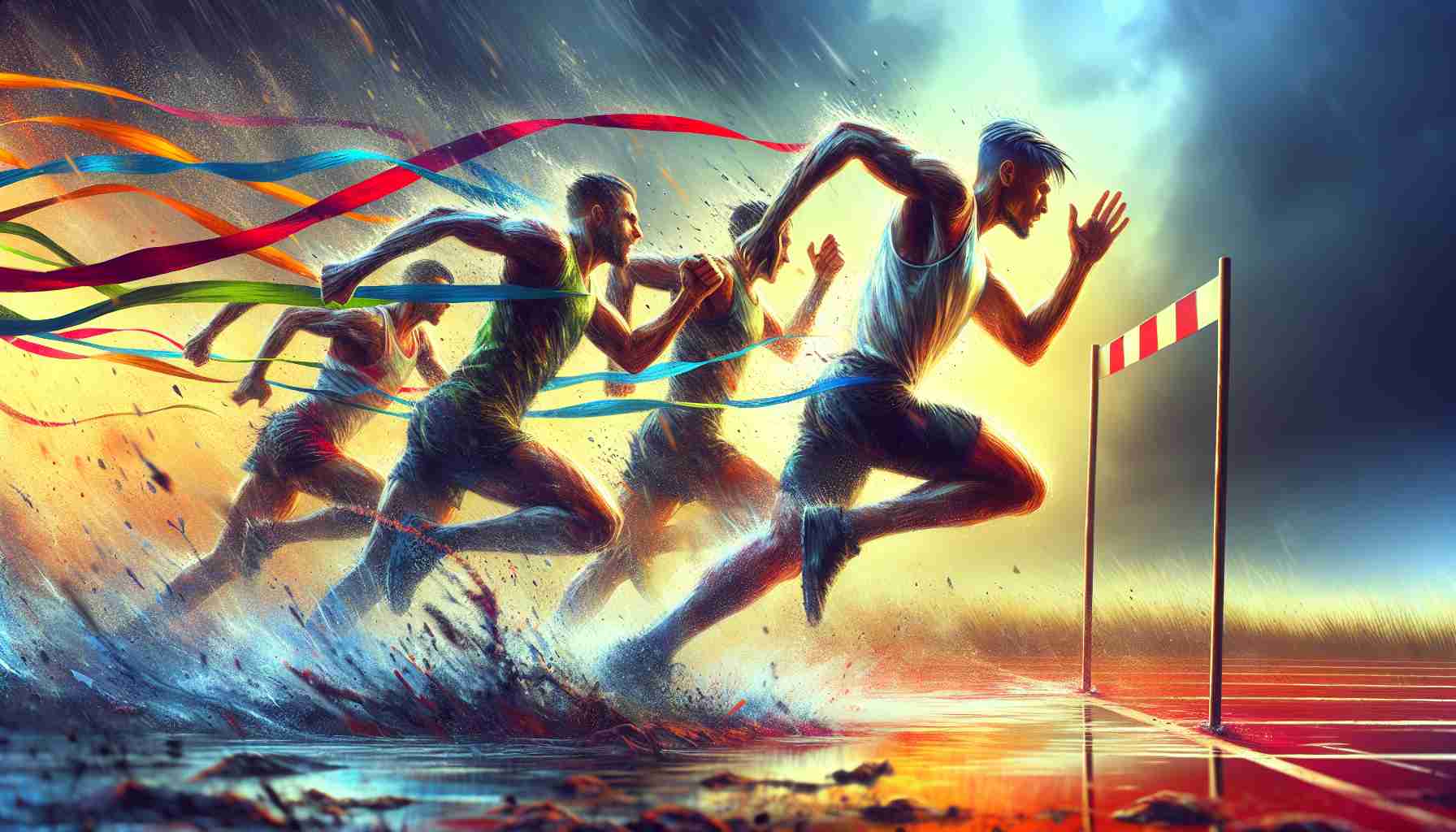 Create a realistic high-definition image depicting the concept of 'The Race for Glory: Overcoming Challenges and Pushing Limits'. This may include an energetic moment from a sporting event, where the competitors exhibit strength and persistence against various odds. Further, it could illustrate a runner nearing the finish line in bad weather or challenging terrain, symbolizing the overcoming of hurdles in life. The colours should be vibrant and the detailing crisp, emphasizing the intense emotions involved in such a pursuit of glory.
