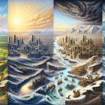 Create a detailed, high-definition image that dramatically depicts the passage of a year marked by upheaval and profound change. Illustrate the alterations in nature and society due to unforeseen circumstances. The image should show the transformation in four distinct quarters, each representing a season. Start with a peaceful scene of flourishing cities and tranquil landscapes in spring, which gradually transforms into a challenging summer with adverse conditions. As we enter into autumn, depict resilience and strength in the endurance of nature and society, which culminates into a scene of recovery and hope in winter.