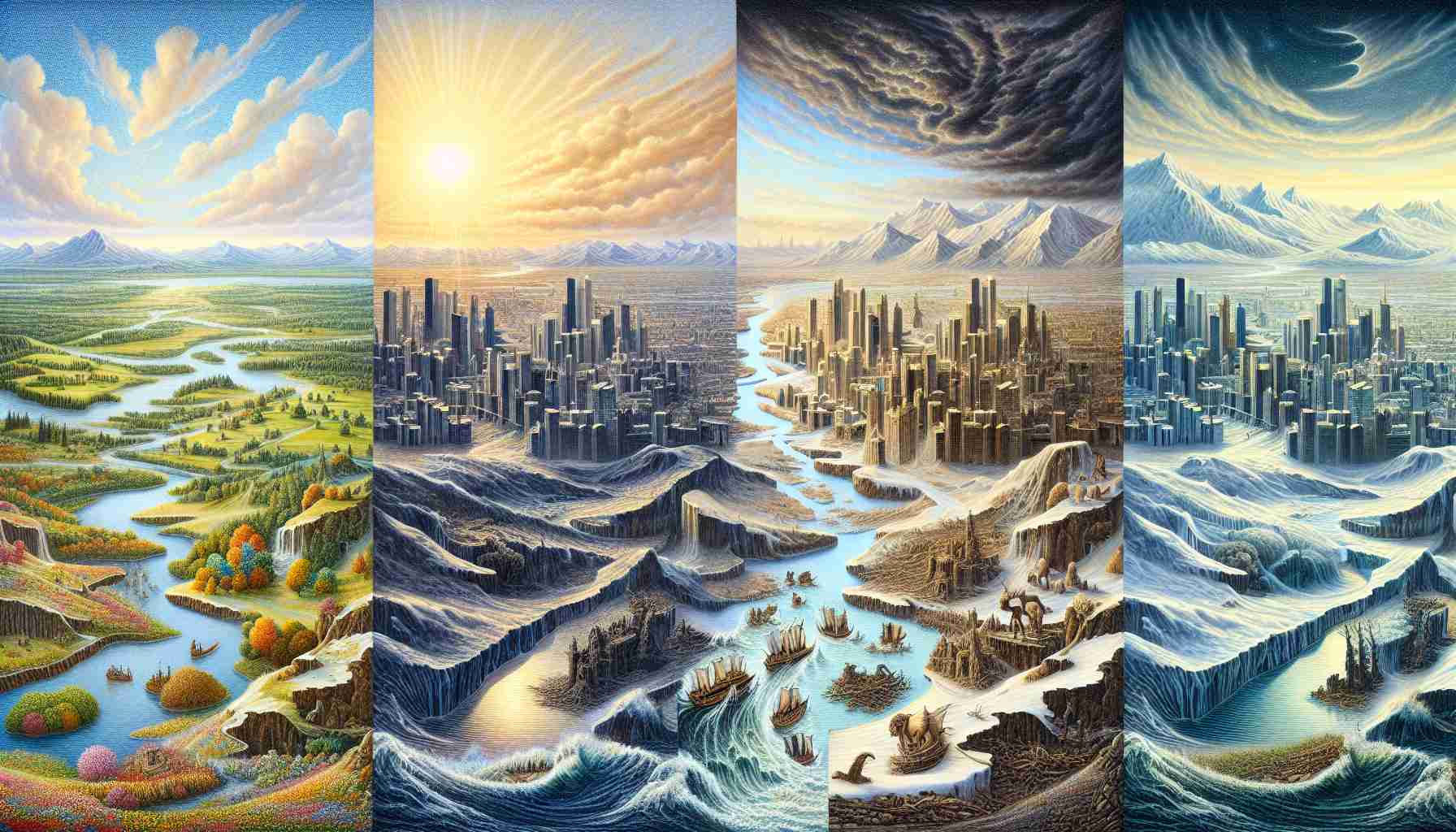 Create a detailed, high-definition image that dramatically depicts the passage of a year marked by upheaval and profound change. Illustrate the alterations in nature and society due to unforeseen circumstances. The image should show the transformation in four distinct quarters, each representing a season. Start with a peaceful scene of flourishing cities and tranquil landscapes in spring, which gradually transforms into a challenging summer with adverse conditions. As we enter into autumn, depict resilience and strength in the endurance of nature and society, which culminates into a scene of recovery and hope in winter.