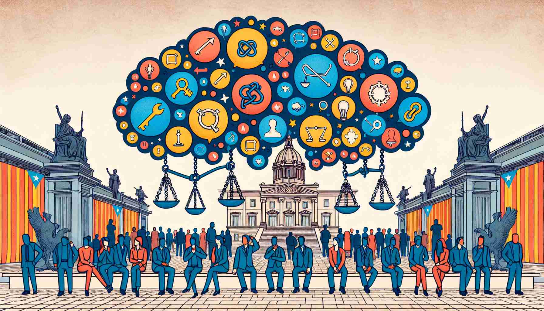Visualize a symbolic representation of the diverse opinions and perspectives associated with Catalonia's situation. Show a spectrum of thought bubbles containing symbols like a breaking chain representing independence, a unifying knot depicting unity, a balance scale for justice, etc. There are people of all genders and descents either questioning, debating, or contemplating. However, none of these individuals should be identified as politicians or public figures. The setting is an urban landscape with iconic Catalan architecture in the background.