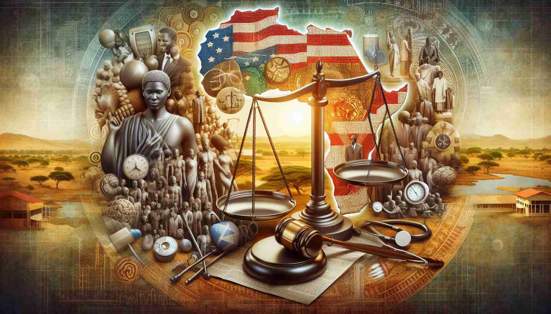A detailed and realistic high-definition representation of the enduring legacy left in Africa by a prominent American politician, characterized by a ceaseless fight for justice and health. The image includes symbolic elements associated with justice, such as balanced scales and gavels, and health, like medical equipment and healthy humans, set against a background that represents the diverse landscapes and cultures of Africa.