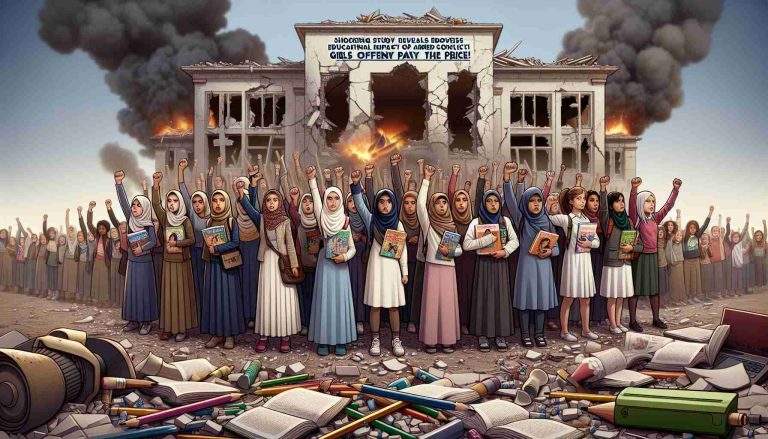 Generate a realistic HD image that symbolically represents the concept 'Shocking Study Reveals Educational Impact of Armed Conflicts! Girls Often Pay the Price!'. The scene should depict a diverse group of girls from various nationalities, races, and ethnicities standing in front of a crumbling school building, holding broken pencils and torn textbooks, conveying a strong message of how conflict affects education.