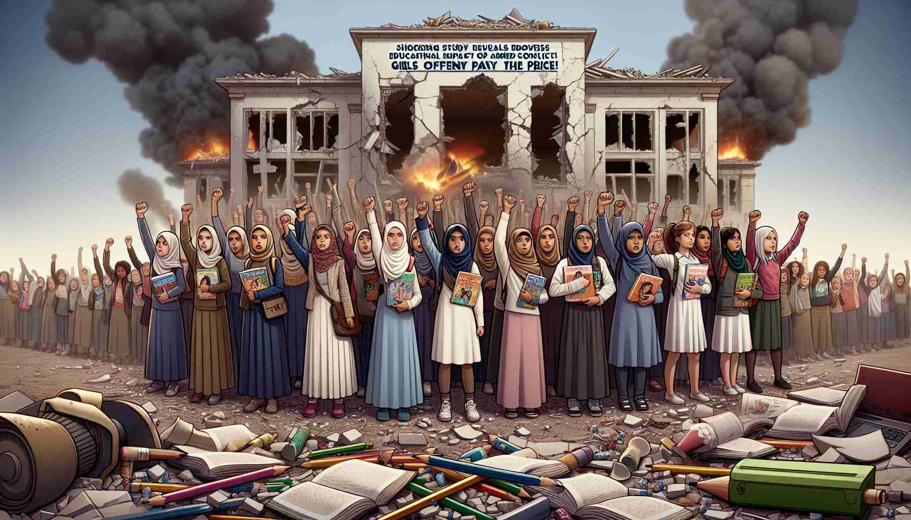 Generate a realistic HD image that symbolically represents the concept 'Shocking Study Reveals Educational Impact of Armed Conflicts! Girls Often Pay the Price!'. The scene should depict a diverse group of girls from various nationalities, races, and ethnicities standing in front of a crumbling school building, holding broken pencils and torn textbooks, conveying a strong message of how conflict affects education.