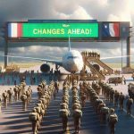 Generate a realistic, high-definition image illustrating a significant military change. Picture an international airport in the Ivory Coast with soldier-clad individuals, who are representative of the French military, boarding a large airplane. The plane is surrounded by local military officials saying their farewells. On a digital billboard nearby, there's a scrolling news headline that reads, 'Major Changes Ahead!'. The sky is partially cloudy, suggesting a significant change in the weather as well. There's a general atmosphere of solemnity, mixed with hope, permeating the scene.