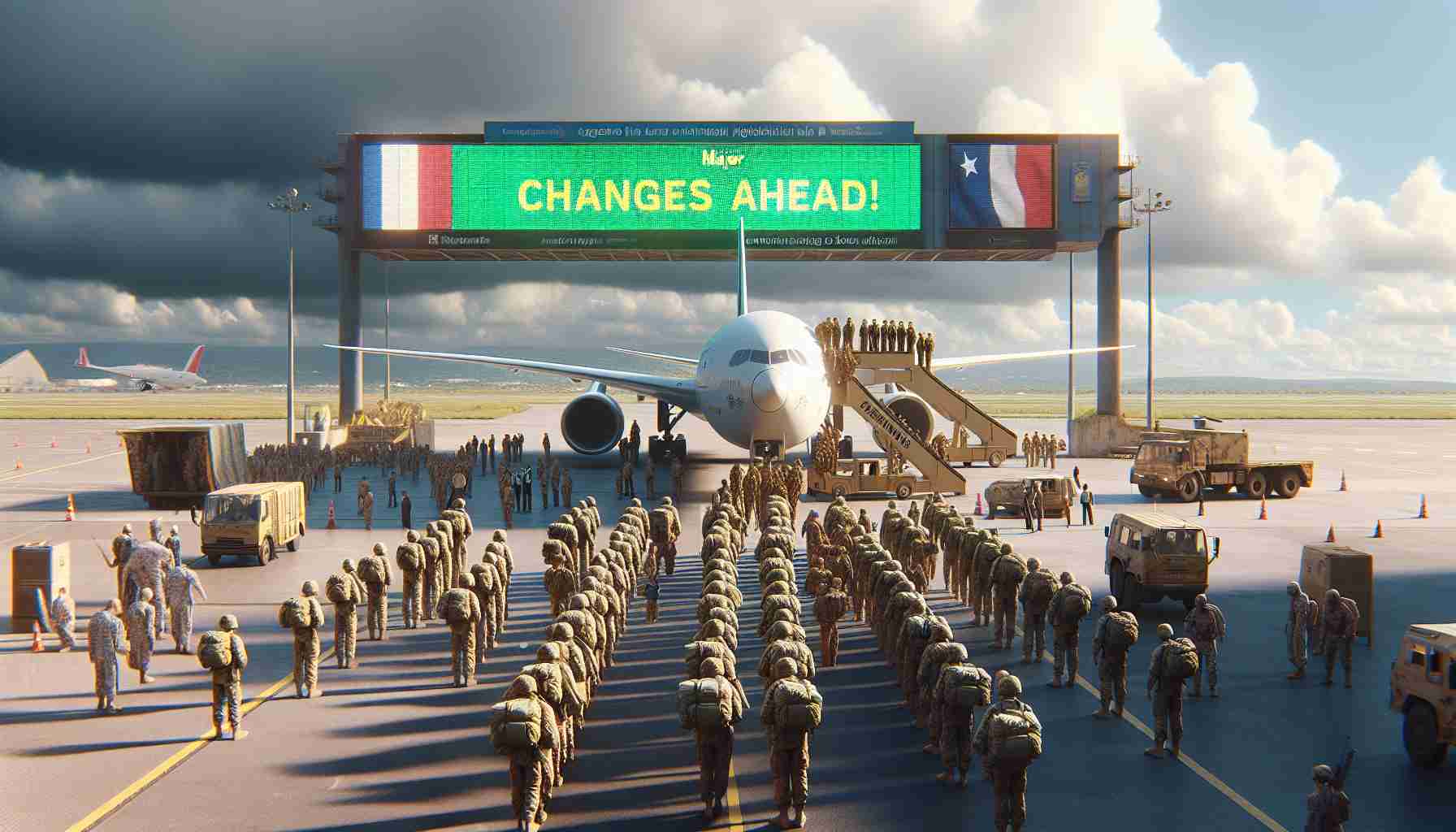 Generate a realistic, high-definition image illustrating a significant military change. Picture an international airport in the Ivory Coast with soldier-clad individuals, who are representative of the French military, boarding a large airplane. The plane is surrounded by local military officials saying their farewells. On a digital billboard nearby, there's a scrolling news headline that reads, 'Major Changes Ahead!'. The sky is partially cloudy, suggesting a significant change in the weather as well. There's a general atmosphere of solemnity, mixed with hope, permeating the scene.