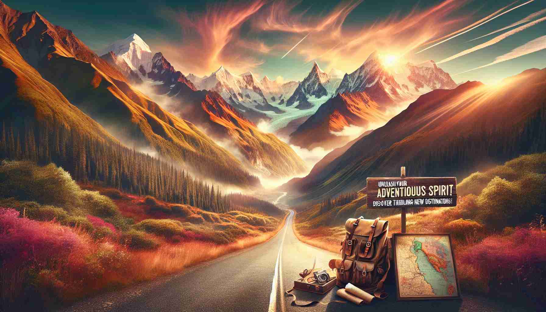 Create a hyper-realistic, high-definition image. The theme is the allure of adventure and discovering the thrills of unexplored territories. Picture a breathtaking open road winding through a colorful, vibrant and lush landscape. Envision towering mountains in the background with snow-capped peaks shining in the morning sunlight. Imagine the sky filled with soft clouds and the sun rising, casting a warm, golden light over everything. In the foreground, place a vintage backpack and map to signify the adventurous spirit. Overlay the image with polished, elegant text that reads, 'Unleash Your Adventurous Spirit! Discover Thrilling New Destinations!'